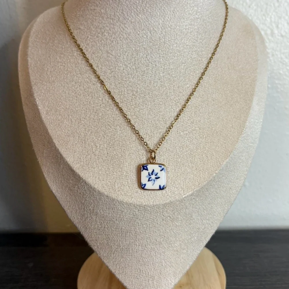 Handmade Gold/Blue Flower Necklace | Waterproof & Tarnish Resistant - Picture 2 of 5